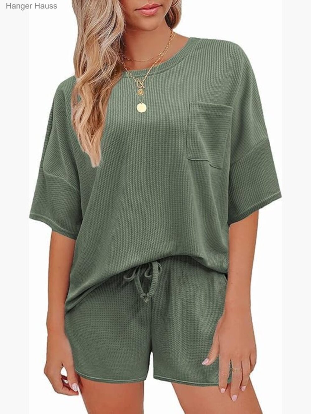 Waffle Knit Lounge Set 2 Piece Pajamas Short Sleeve Top and Shorts with Pockets